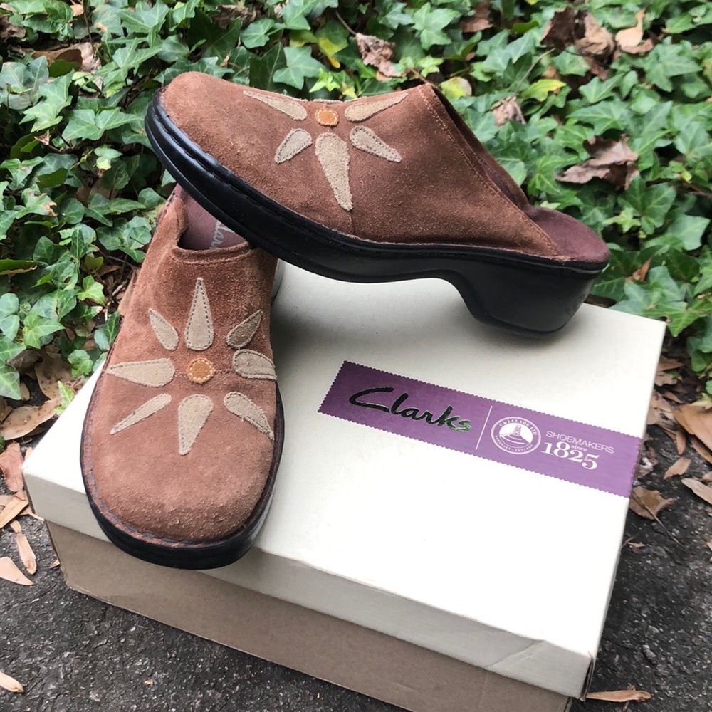 Clarks Suede Flower Mules